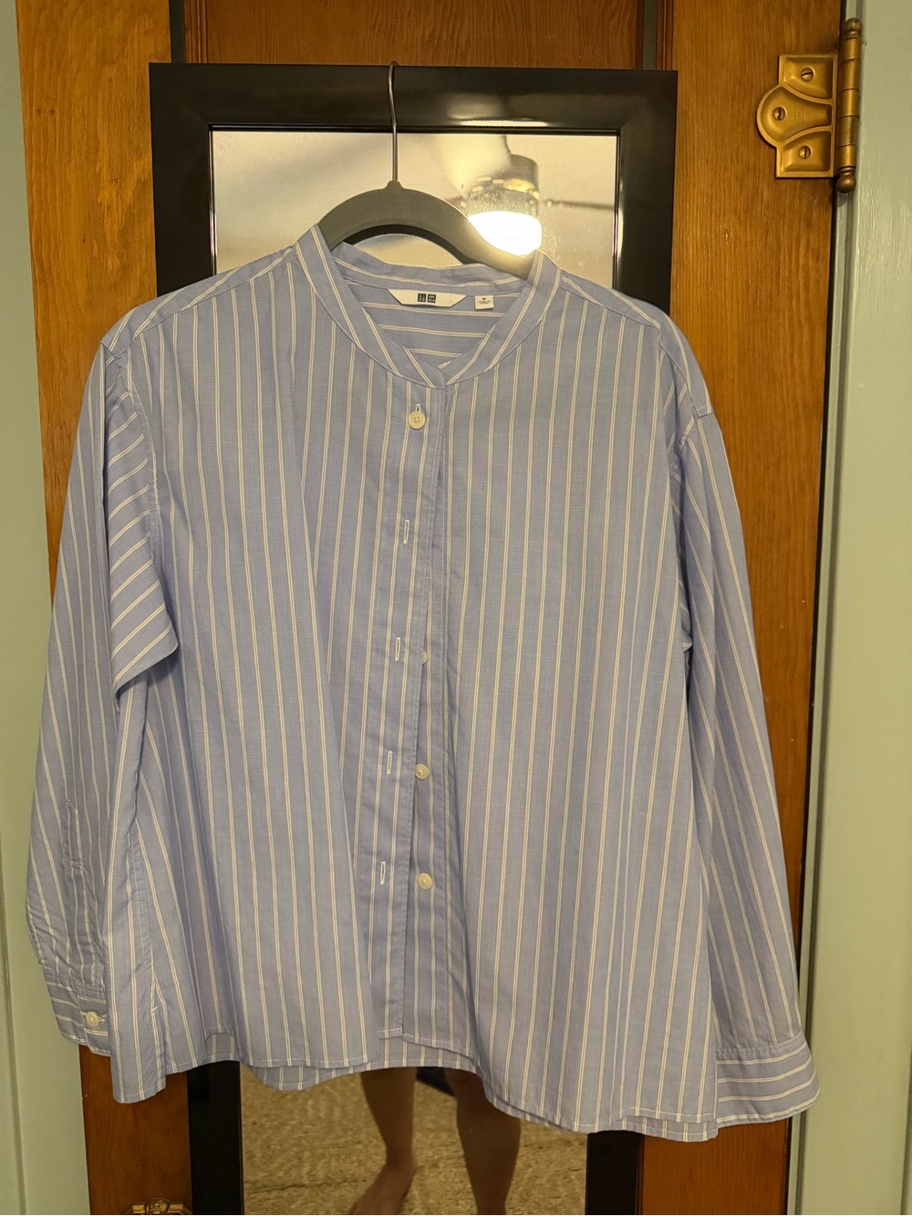 Uniqlo Light Blue & White Vertical Stripe Mandarin-Collar Shirt